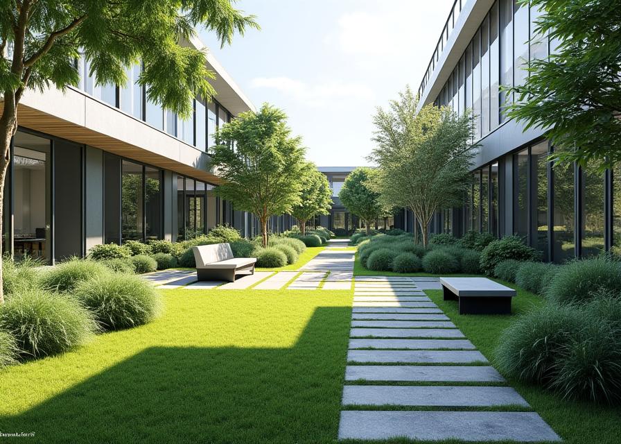Jardín corporativo moderno con diseño paisajístico profesional