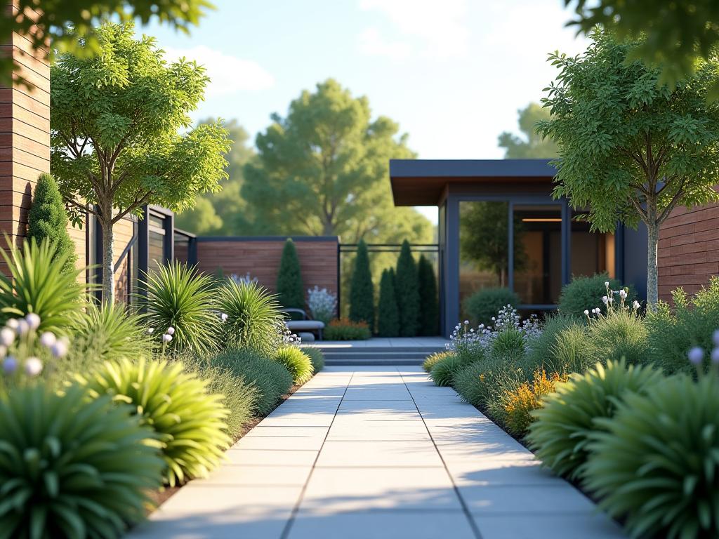 Visualización 3D de jardín moderno con diseño paisajístico