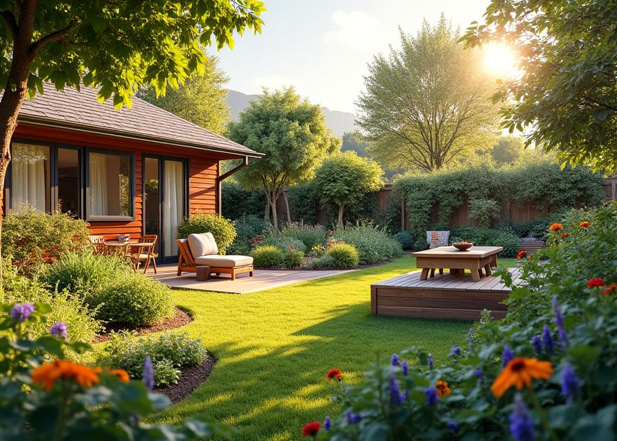 Jardín residencial familiar con áreas de recreación y plantas ornamentales